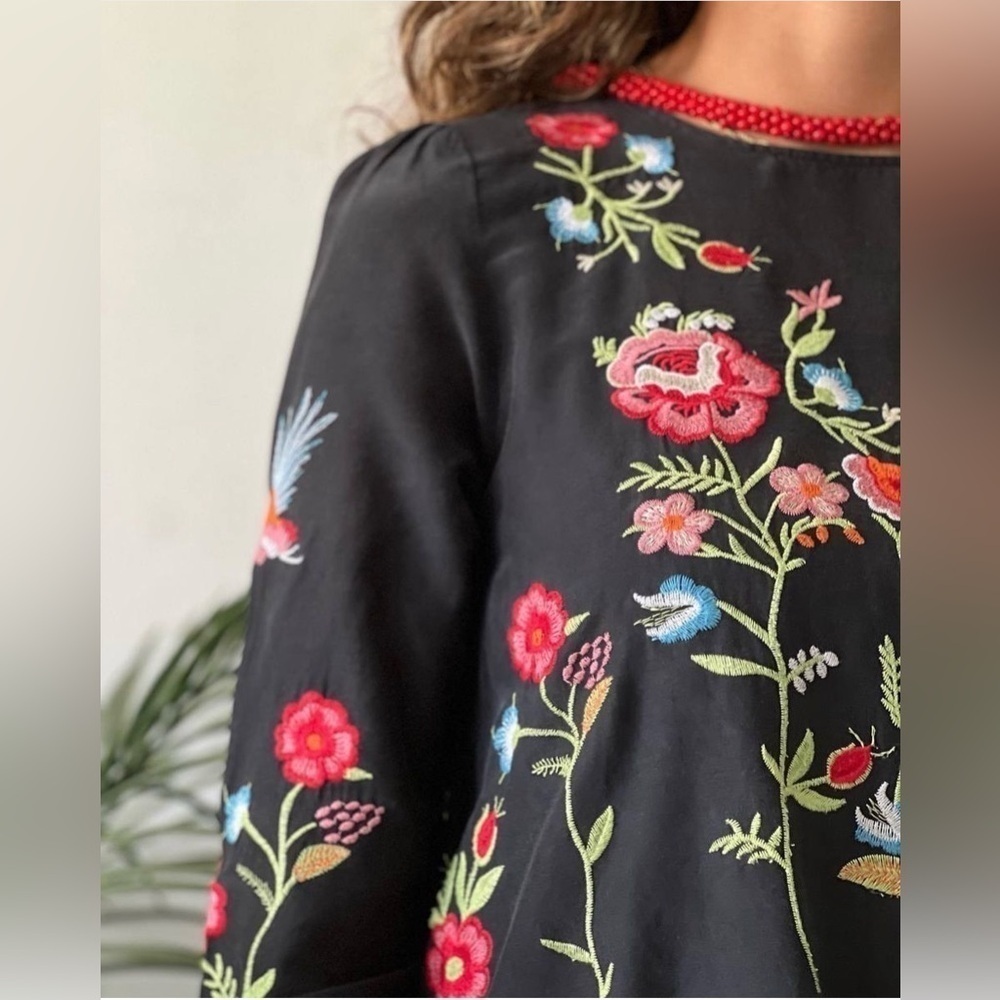 Philosophy Floral Embroidered Long Sleeve Dress Womens Black Short Flowy Sz M - Picture 6 of 16